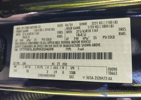 2024 Ford F-150 Xlt z USA, uszkodzony, nr VIN 1FTFW3L82RKD24208